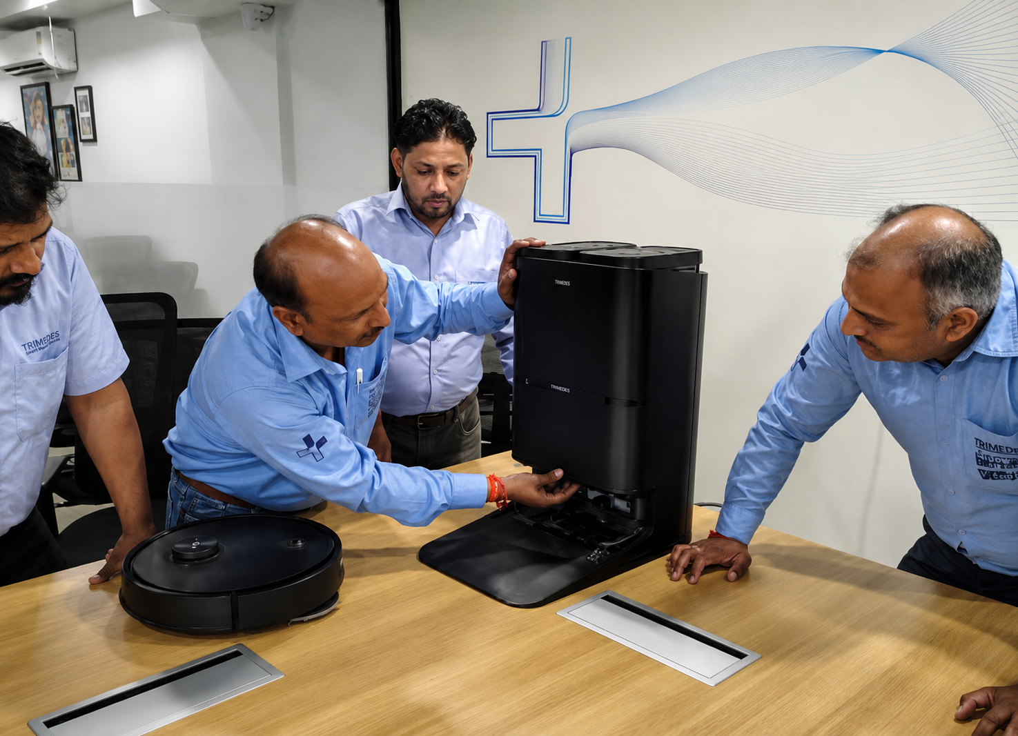 Technicians with a robotic vacuum cleaner