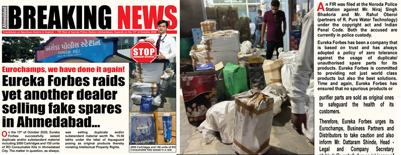  Eureka Forbes seizes duplicate products worth  Rs.15.56 lakhs in Ahmedabad