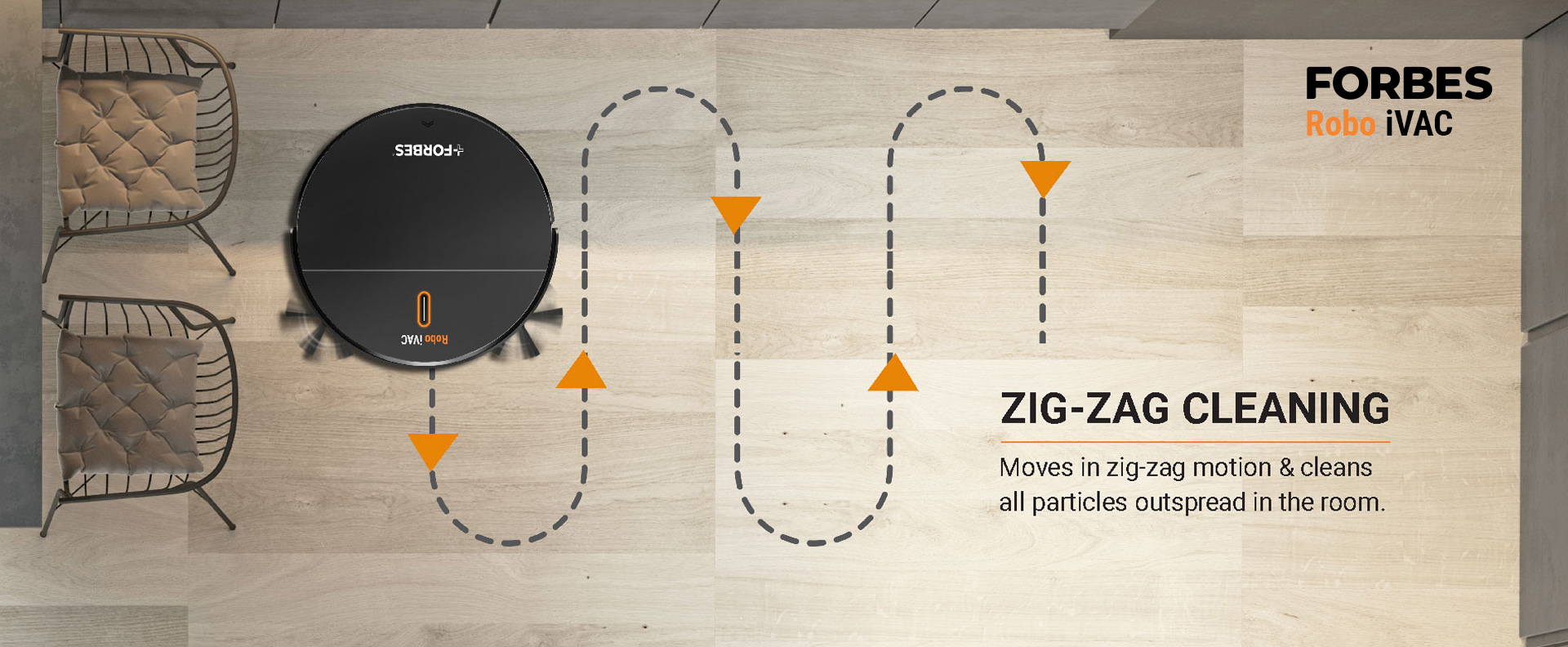 Moves in zig-zag motion & cleans all particles outspread in the room.